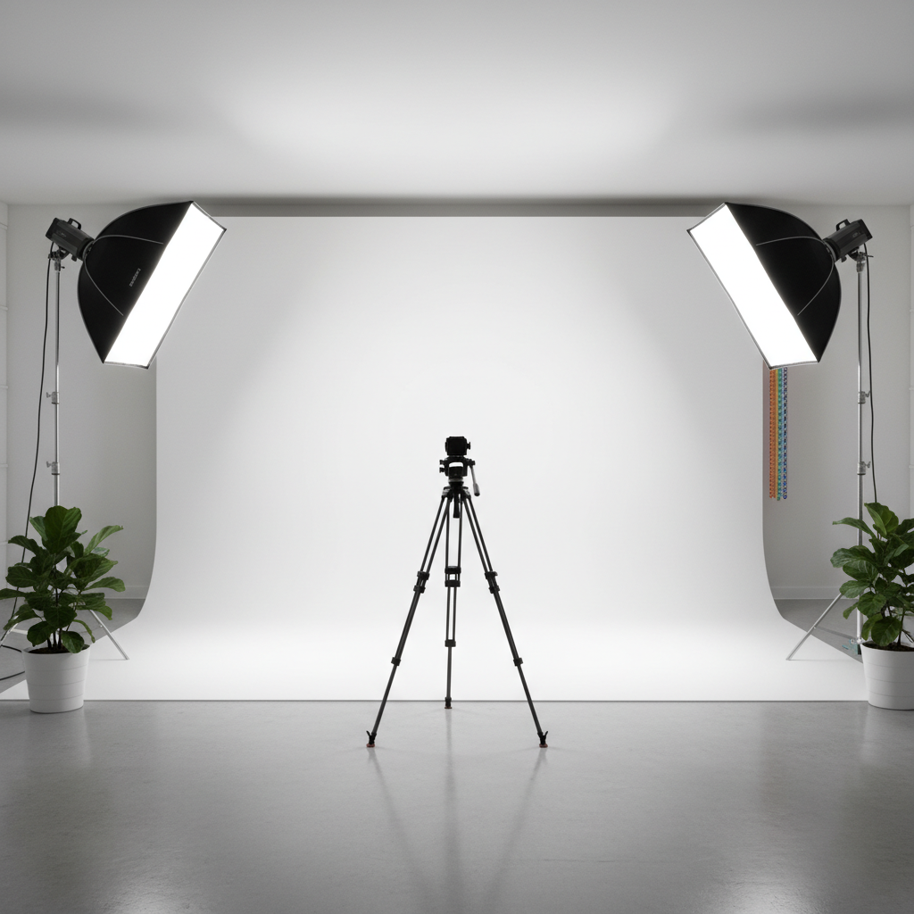 전문적인 사진 스튜디오의 내부 전경, 미니멀한 화이트 배경과 고성능 소프트박스 조명, 견고한 삼각대가 배치된 세련된 공간.