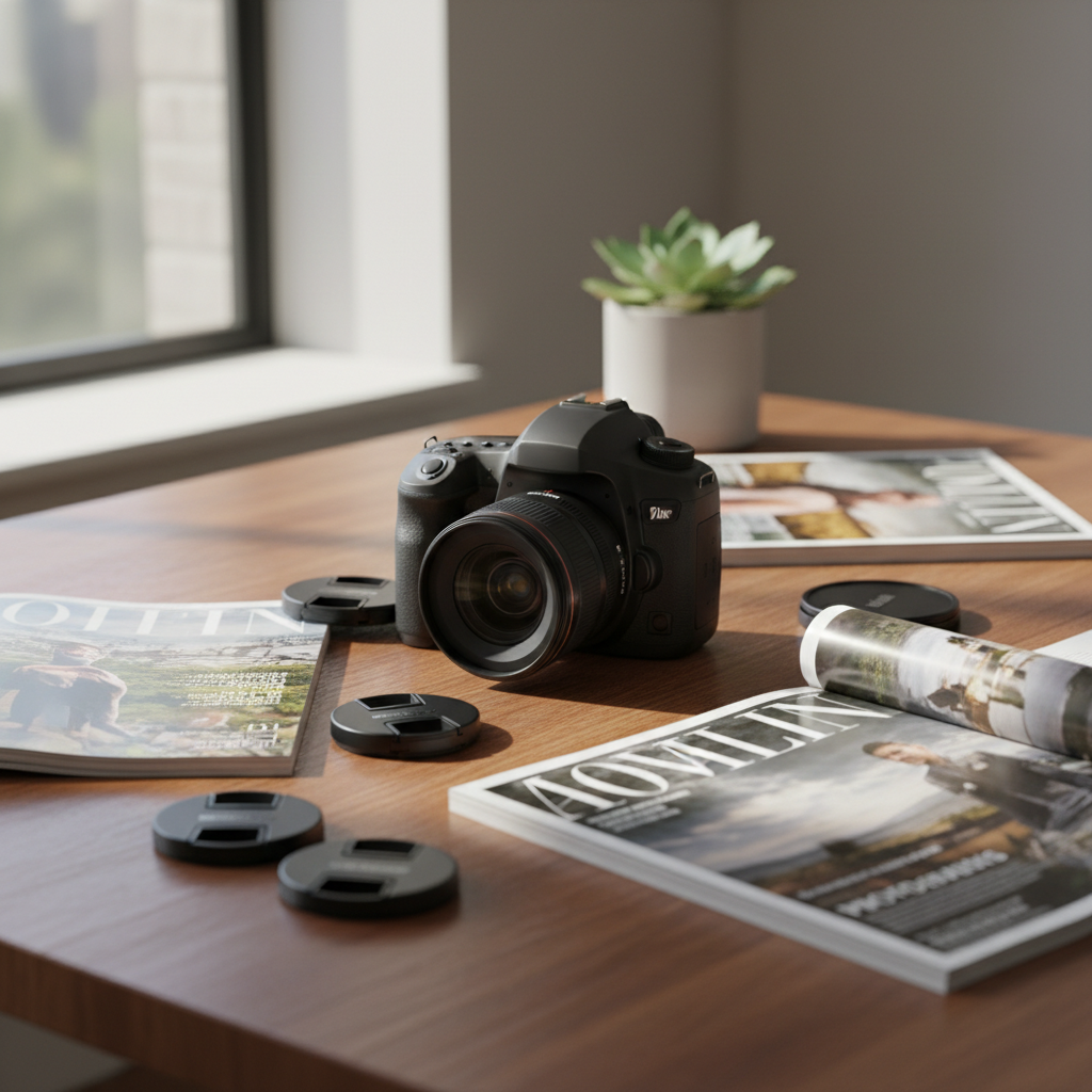 원목 책상 위에 놓인 고해상도 DSLR 카메라와 단렌즈, 주변에 흩어진 렌즈 캡과 사진 전문 잡지가 어우러진 밝고 자연스러운 분위기.