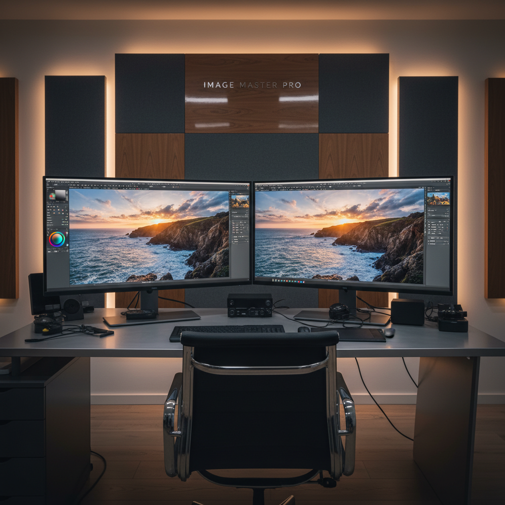 대형 모니터 두 대가 설치된 현대적인 사진 보정 작업실, 화면에는 전문 보정 소프트웨어와 화려한 풍경 사진이 띄워진 모습.